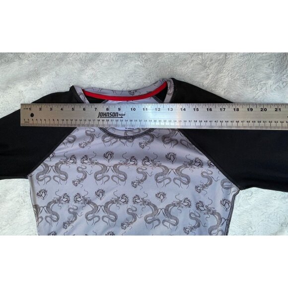 Singh Womens Rash Guard Swimwear Top Small Black Ruched Dragon Floral Stretch - Picture 4 of 7